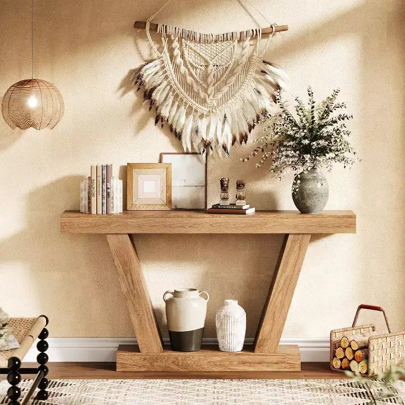 Extra-Long 2-Tier Farmhouse Console Sofa Table Minimalist Design, Narrow Entryway Accent, Stable Base, Easy Assembly, Wood Grain Finish