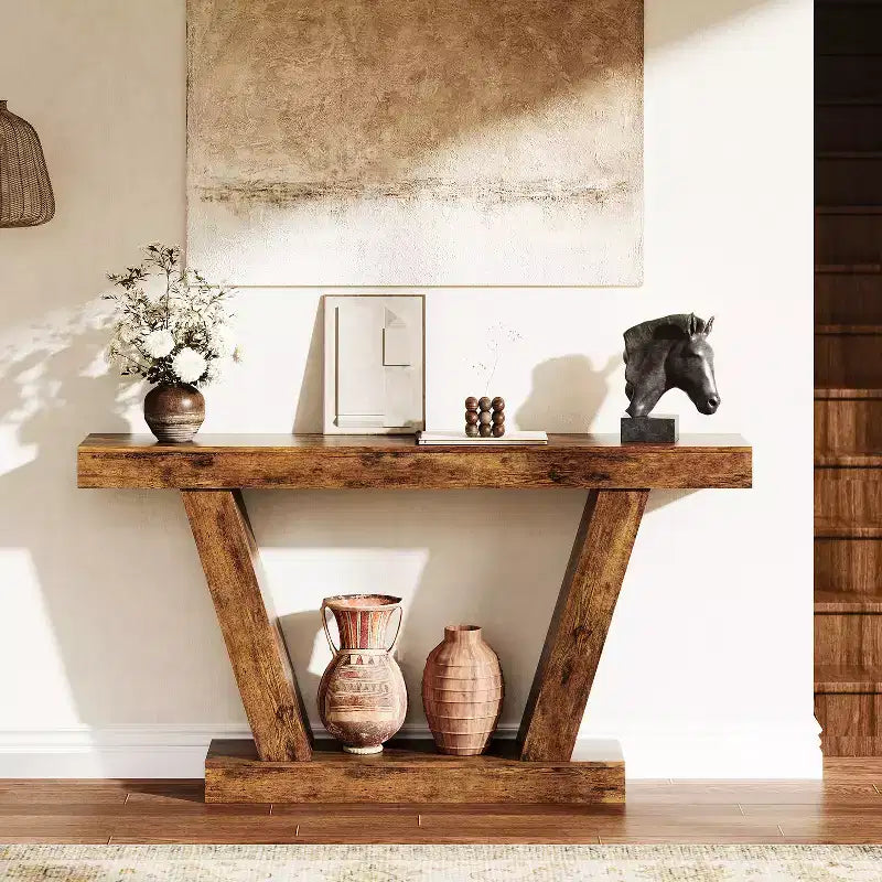 Extra-Long 2-Tier Farmhouse Console Sofa Table Minimalist Design, Narrow Entryway Accent, Stable Base, Easy Assembly, Wood Grain Finish