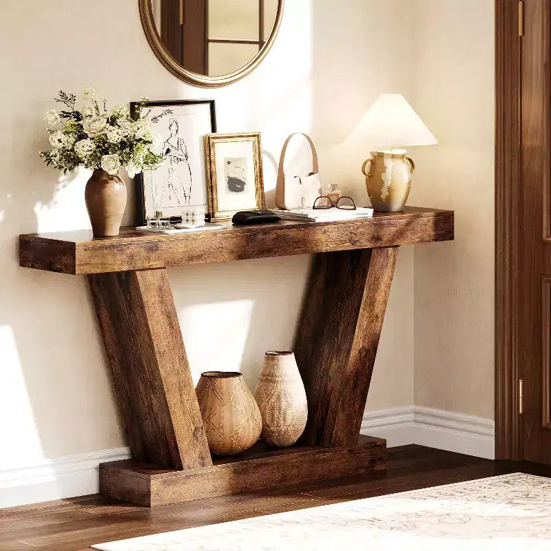 Extra-Long 2-Tier Farmhouse Console Sofa Table Minimalist Design, Narrow Entryway Accent, Stable Base, Easy Assembly, Wood Grain Finish