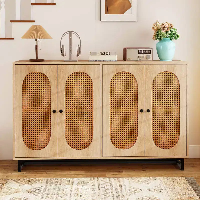 Costway 50 Buffet Cabinet with 4 Rattan Doors Adjustable Shelves Metal Legs Dining Room