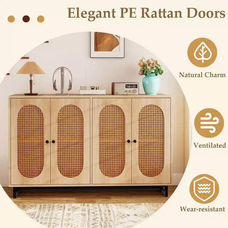 Costway 50 Buffet Cabinet with 4 Rattan Doors Adjustable Shelves Metal Legs Dining Room