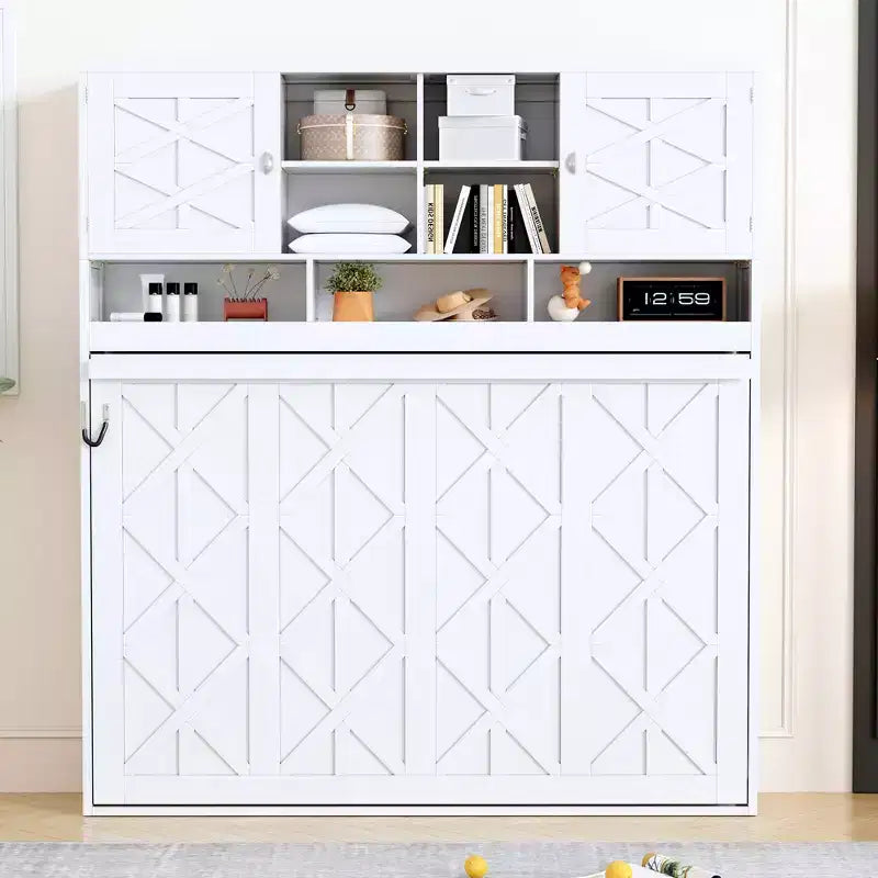 Queen Size Murphy Bed Foldable Bed Space-saving Wall Bed with Storage Shelves, White - ModernLuxe