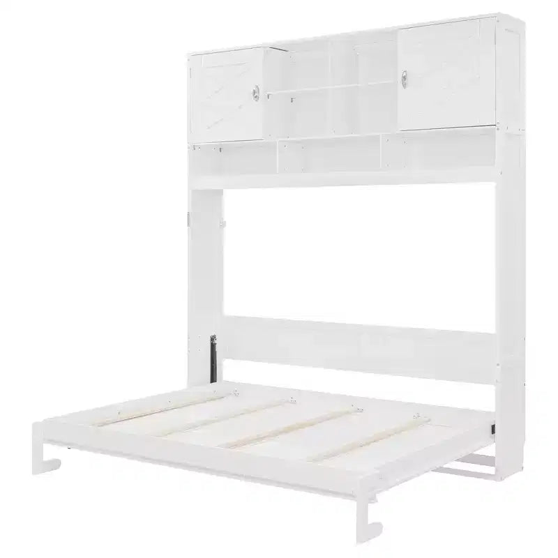 Queen Size Murphy Bed Foldable Bed Space-saving Wall Bed with Storage Shelves, White - ModernLuxe