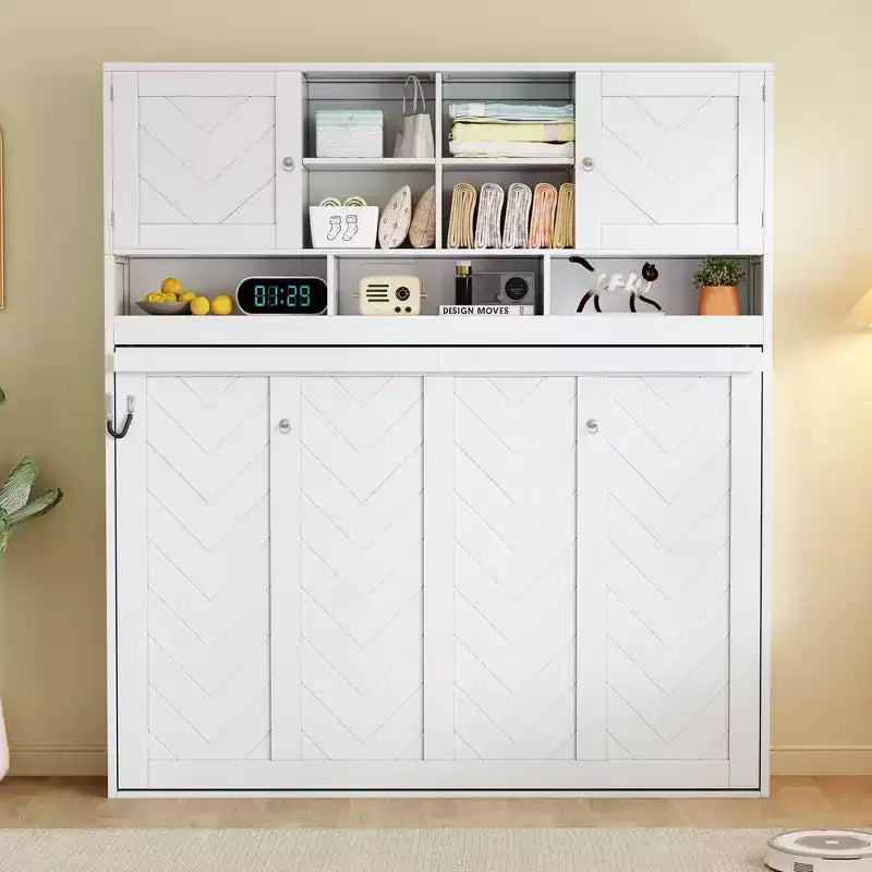 Queen Size Murphy Bed Foldable Bed Space-saving Wall Bed with Storage Shelves, White - ModernLuxe