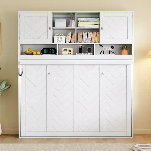 Queen Size Murphy Bed Foldable Bed Space-saving Wall Bed with Storage Shelves, White - ModernLuxe