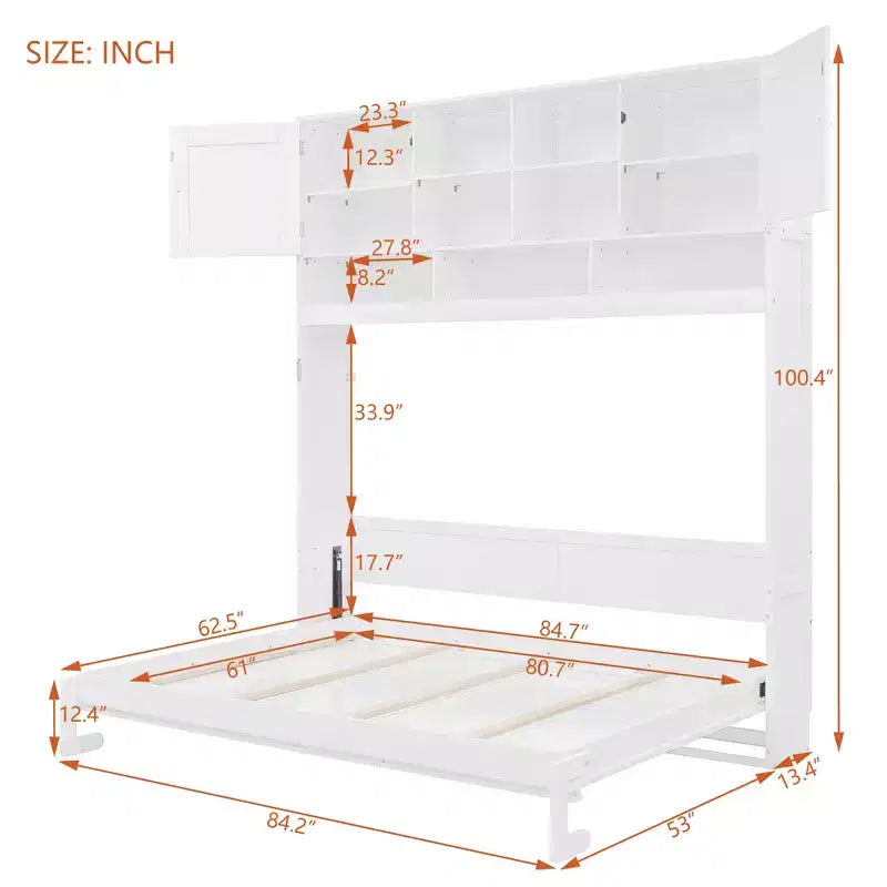 Queen Size Murphy Bed Foldable Bed Space-saving Wall Bed with Storage Shelves, White - ModernLuxe