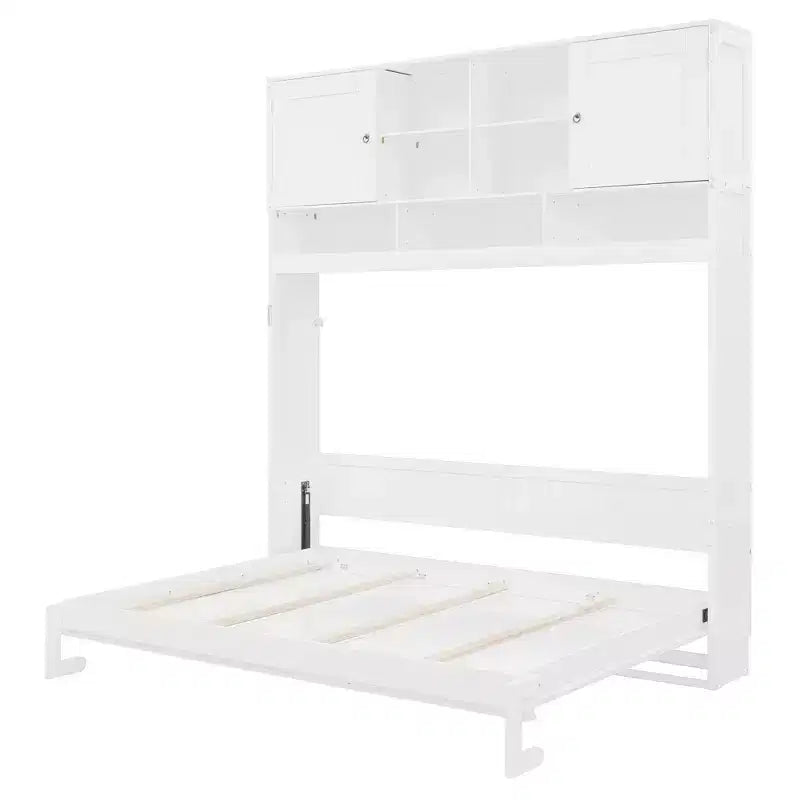 Queen Size Murphy Bed Foldable Bed Space-saving Wall Bed with Storage Shelves, White - ModernLuxe
