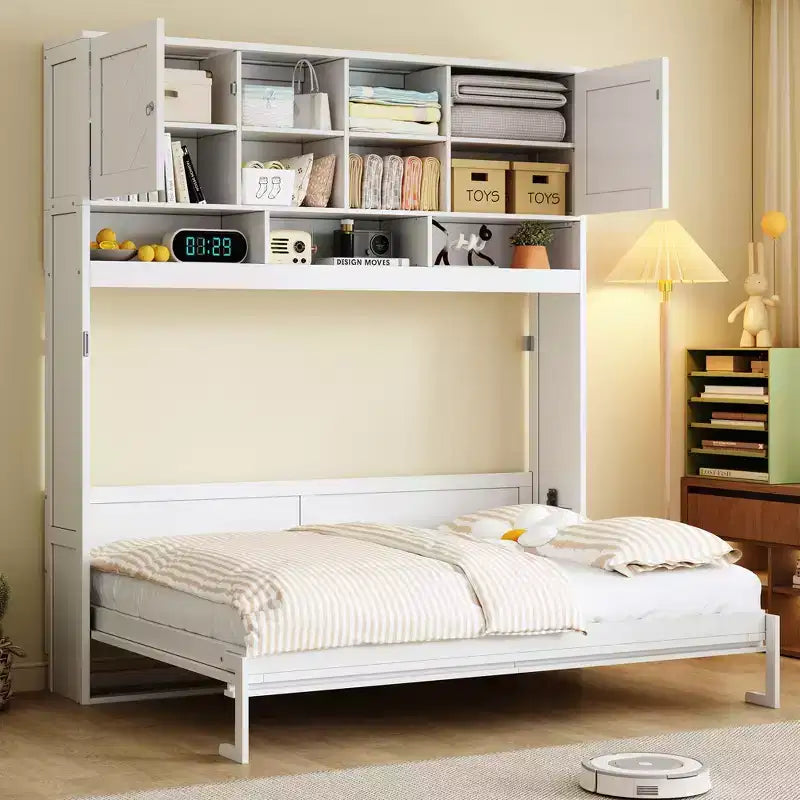 Queen Size Murphy Bed Foldable Bed Space-saving Wall Bed with Storage Shelves, White - ModernLuxe