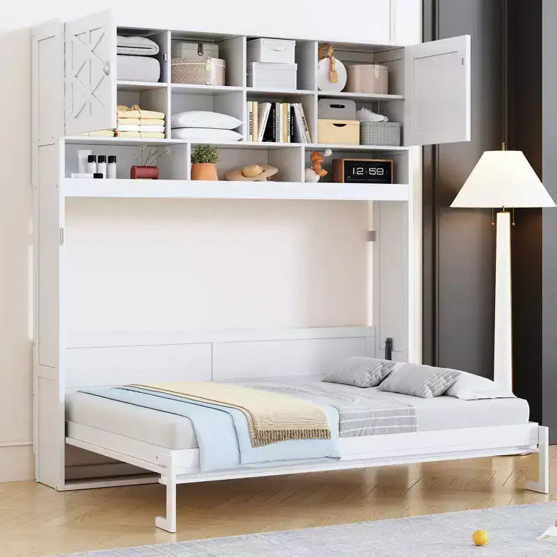 Queen Size Murphy Bed Foldable Bed Space-saving Wall Bed with Storage Shelves, White - ModernLuxe