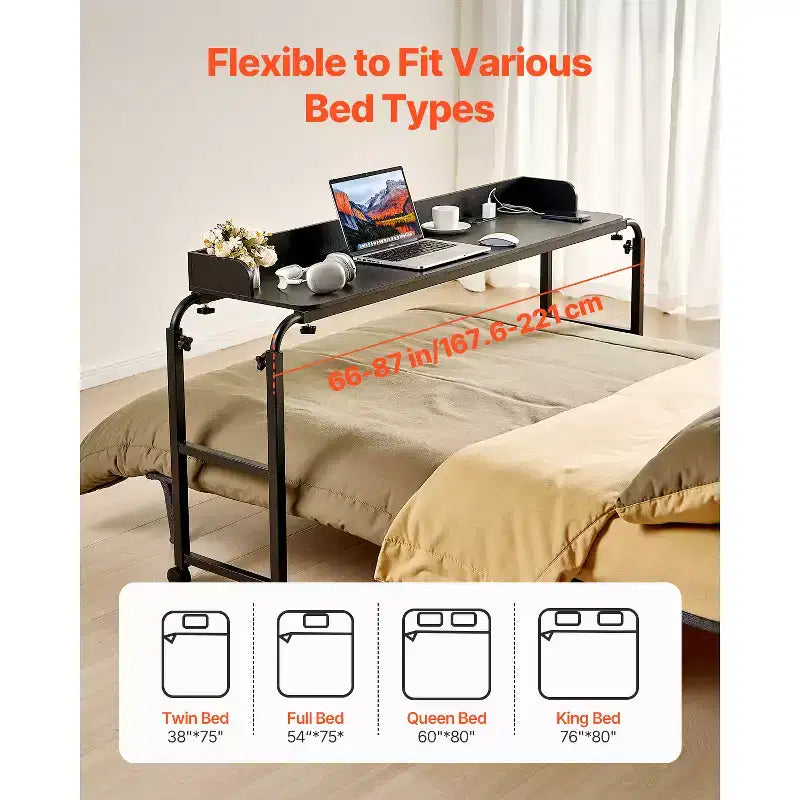 VEVOR Overbed Table, Mobile Bed Side Table with 4 Wheels (2 with Brakes) and Power Socket, Height Adjustable Rolling Laptop Desk, Black