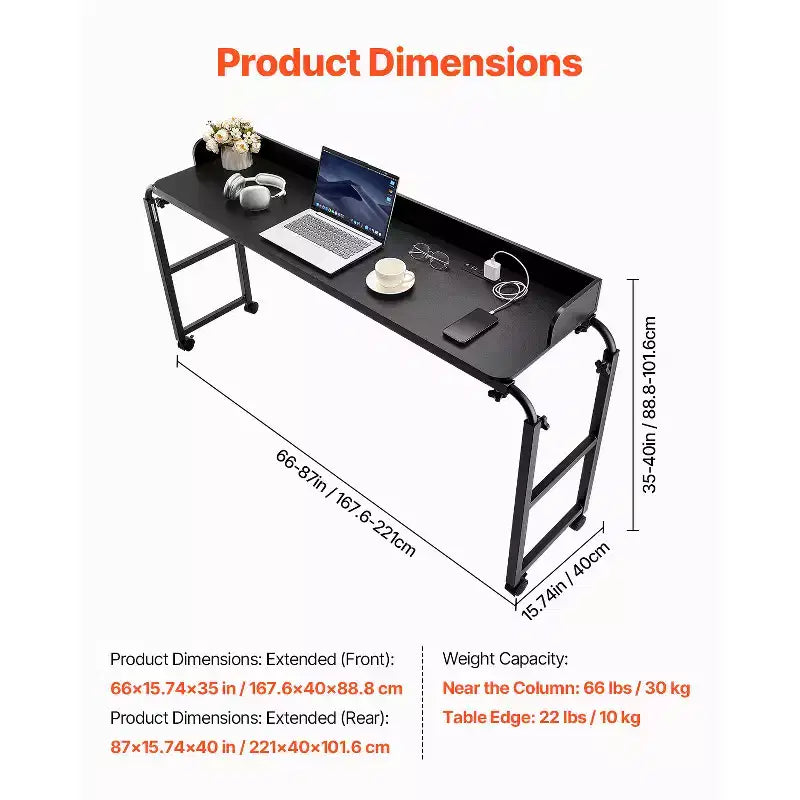 VEVOR Overbed Table, Mobile Bed Side Table with 4 Wheels (2 with Brakes) and Power Socket, Height Adjustable Rolling Laptop Desk, Black