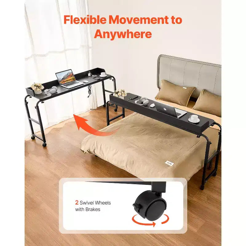 VEVOR Overbed Table, Mobile Bed Side Table with 4 Wheels (2 with Brakes) and Power Socket, Height Adjustable Rolling Laptop Desk, Black