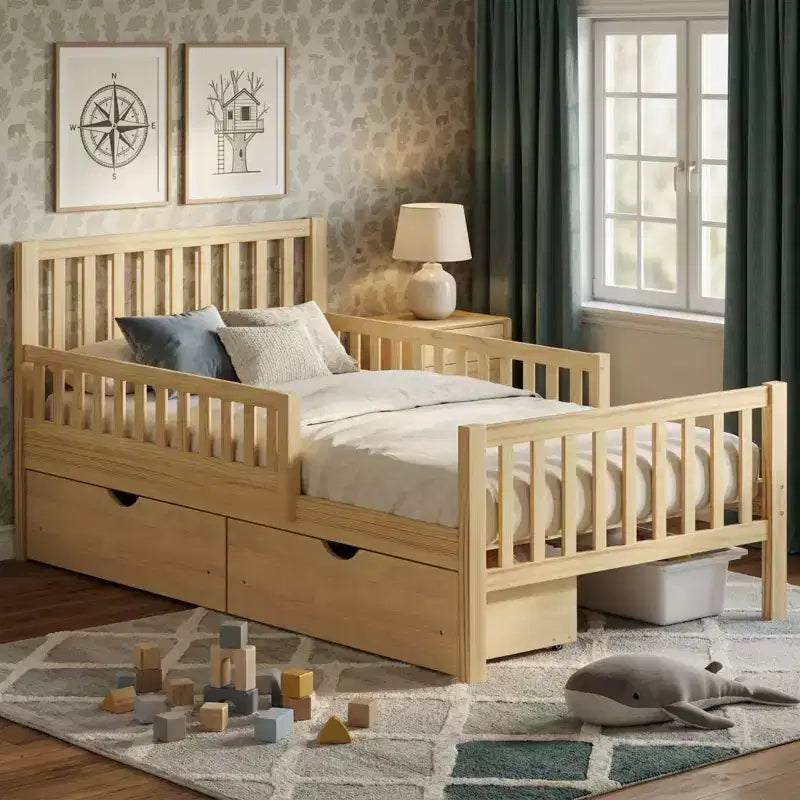 Merax Classic Solid Wood Platform Bed with Dual Guardrails & Two Underbed Storage Drawers