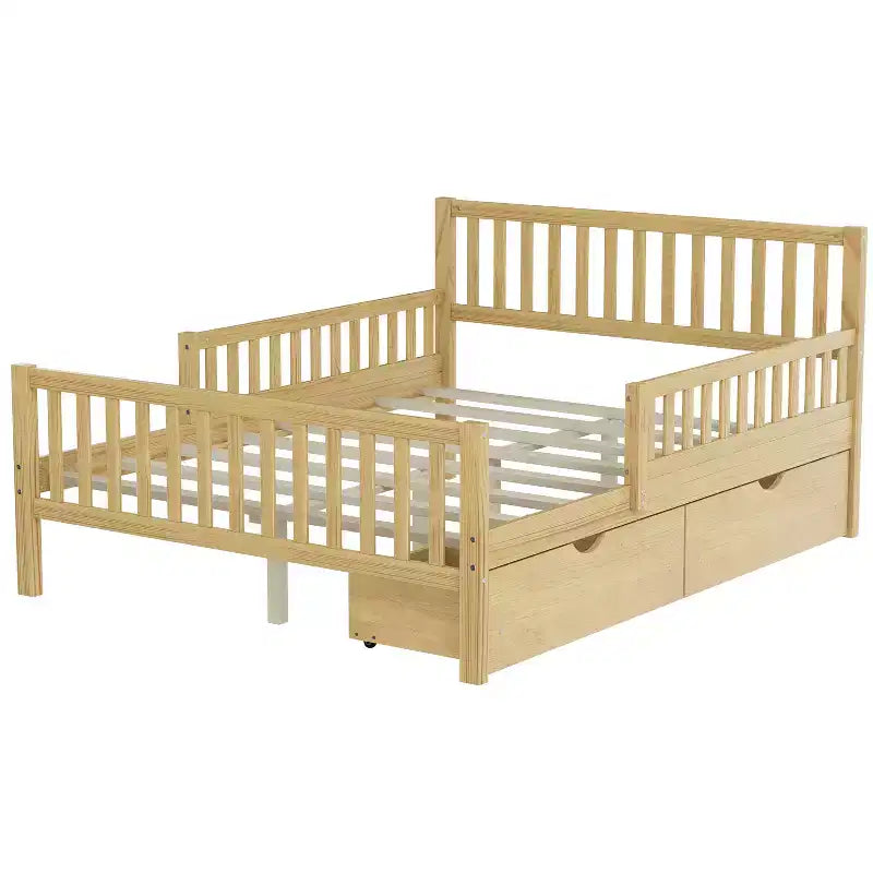 Merax Classic Solid Wood Platform Bed with Dual Guardrails & Two Underbed Storage Drawers