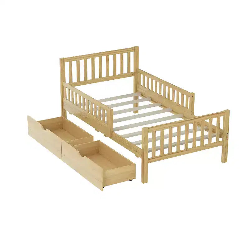 Merax Classic Solid Wood Platform Bed with Dual Guardrails & Two Underbed Storage Drawers