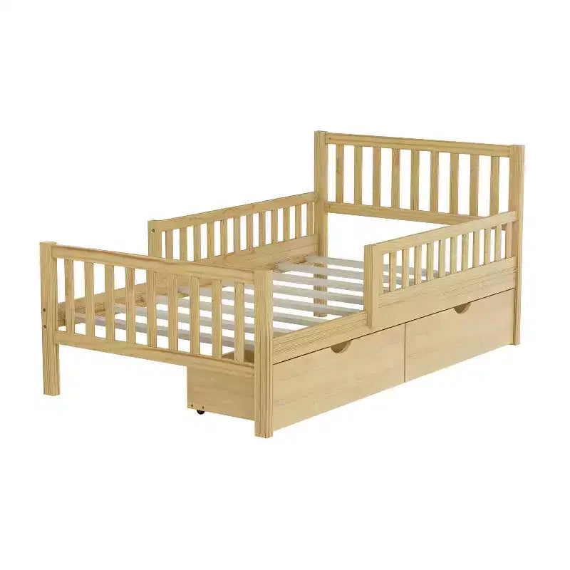 Merax Classic Solid Wood Platform Bed with Dual Guardrails & Two Underbed Storage Drawers