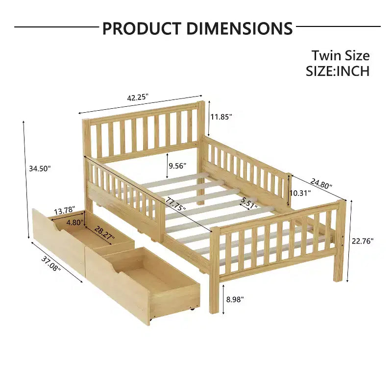 Merax Classic Solid Wood Platform Bed with Dual Guardrails & Two Underbed Storage Drawers