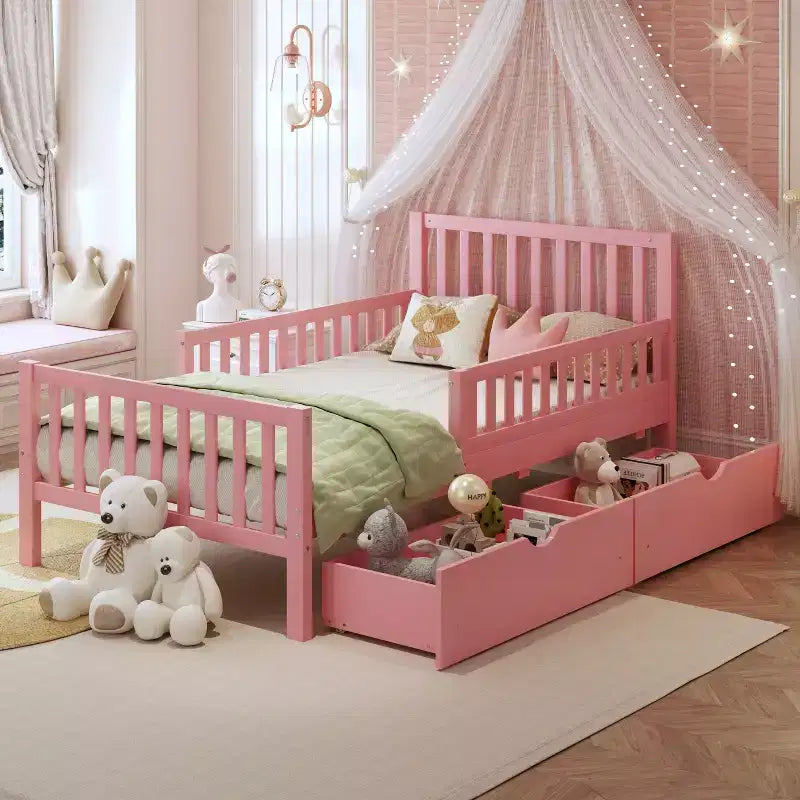 Merax Classic Solid Wood Platform Bed with Dual Guardrails & Two Underbed Storage Drawers
