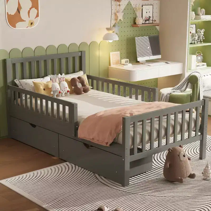 Merax Classic Solid Wood Platform Bed with Dual Guardrails & Two Underbed Storage Drawers