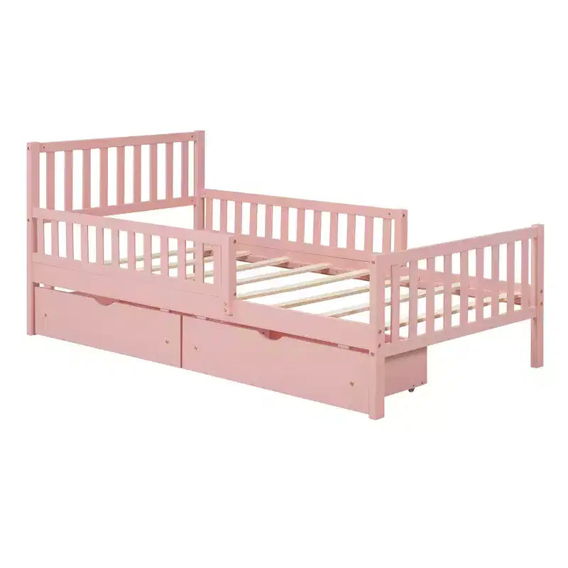 Merax Classic Solid Wood Platform Bed with Dual Guardrails & Two Underbed Storage Drawers