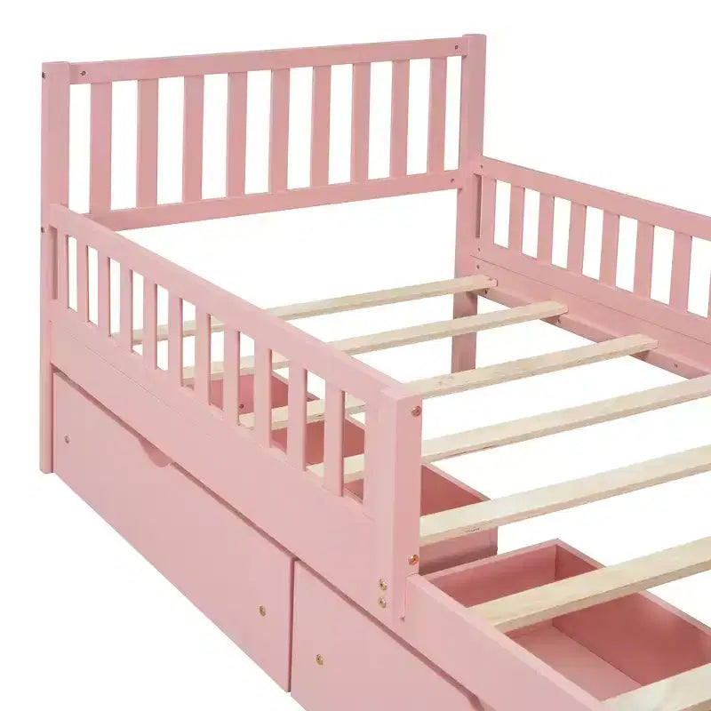 Merax Classic Solid Wood Platform Bed with Dual Guardrails & Two Underbed Storage Drawers