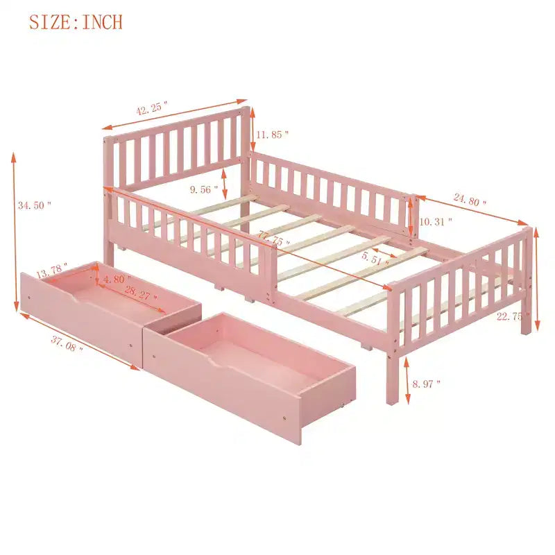 Merax Classic Solid Wood Platform Bed with Dual Guardrails & Two Underbed Storage Drawers