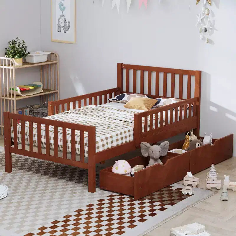 Merax Classic Solid Wood Platform Bed with Dual Guardrails & Two Underbed Storage Drawers