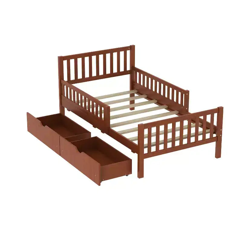 Merax Classic Solid Wood Platform Bed with Dual Guardrails & Two Underbed Storage Drawers