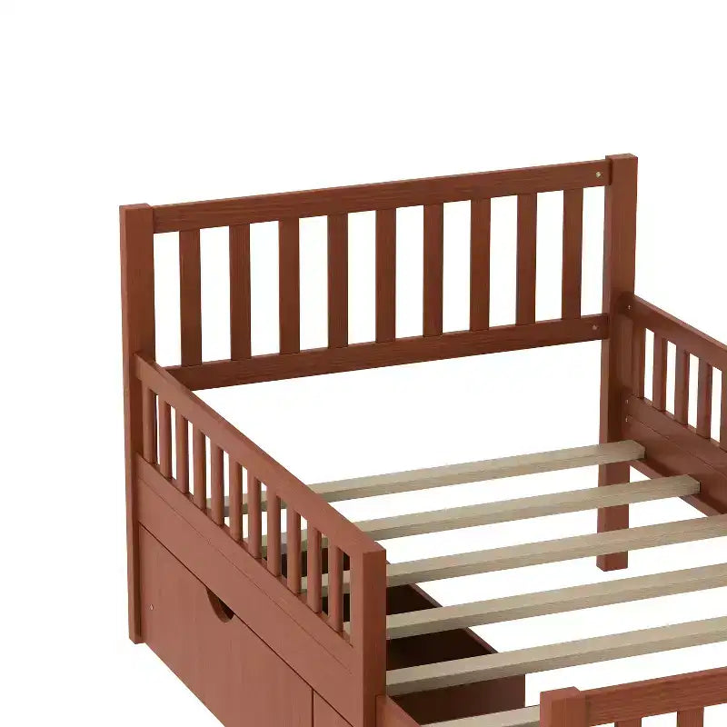 Merax Classic Solid Wood Platform Bed with Dual Guardrails & Two Underbed Storage Drawers