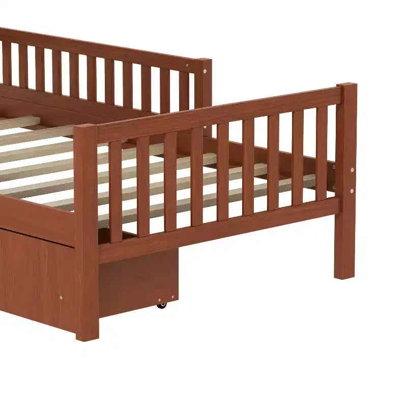 Merax Classic Solid Wood Platform Bed with Dual Guardrails & Two Underbed Storage Drawers