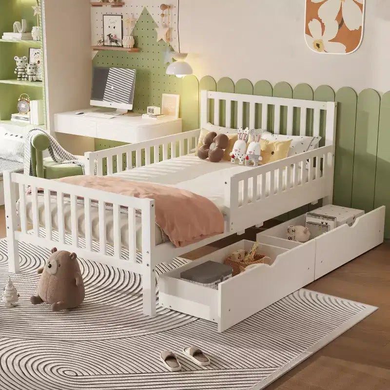 Merax Classic Solid Wood Platform Bed with Dual Guardrails & Two Underbed Storage Drawers