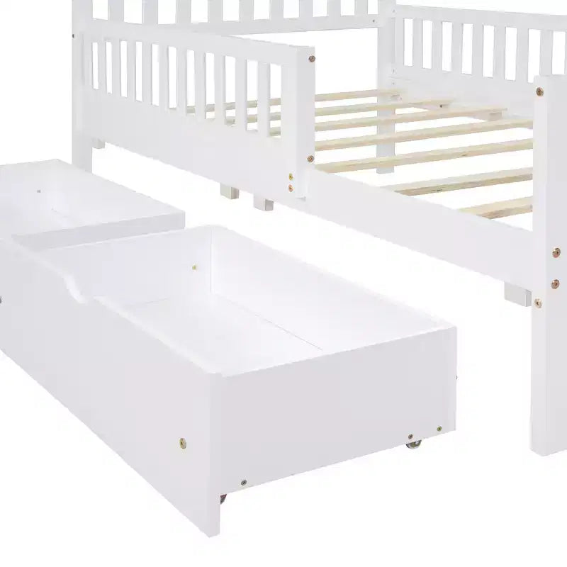 Merax Classic Solid Wood Platform Bed with Dual Guardrails & Two Underbed Storage Drawers