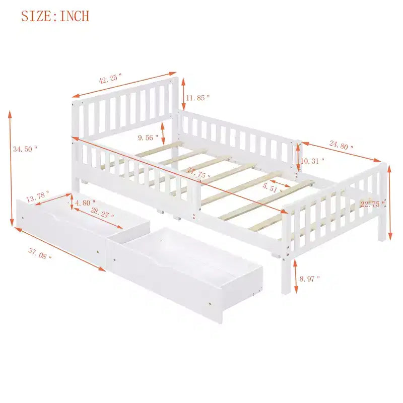 Merax Classic Solid Wood Platform Bed with Dual Guardrails & Two Underbed Storage Drawers