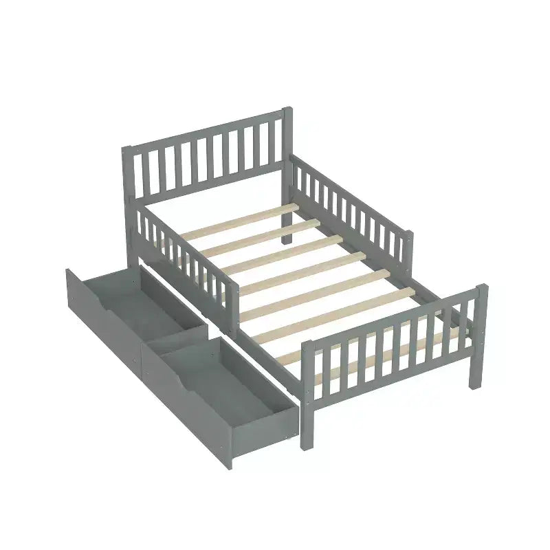 Merax Classic Solid Wood Platform Bed with Dual Guardrails & Two Underbed Storage Drawers