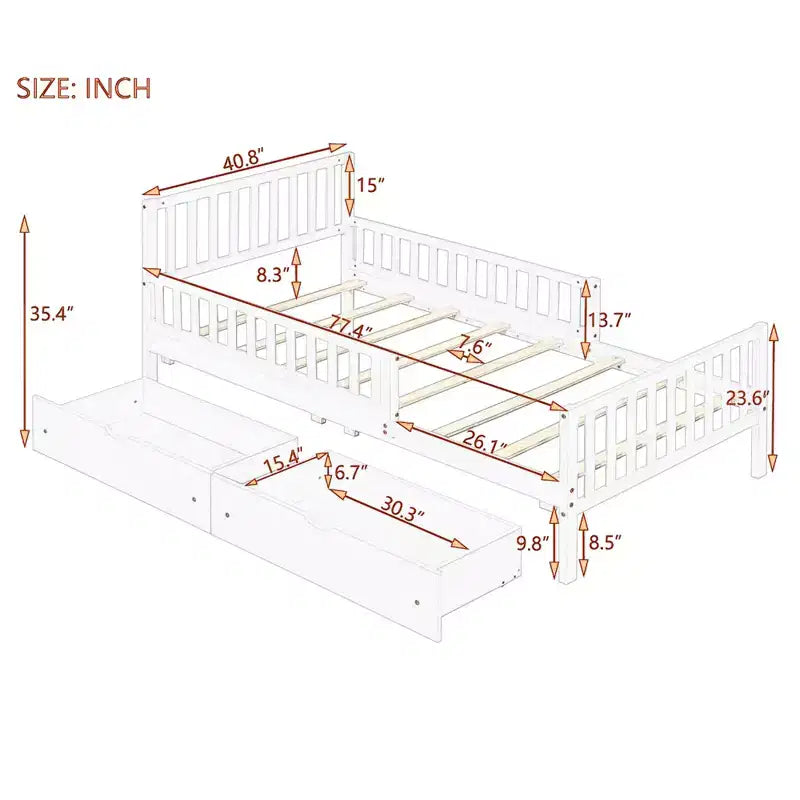 Merax Classic Solid Wood Platform Bed with Dual Guardrails & Two Underbed Storage Drawers