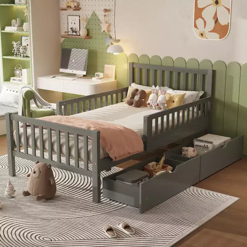Merax Classic Solid Wood Platform Bed with Dual Guardrails & Two Underbed Storage Drawers