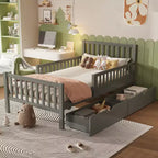 Merax Classic Solid Wood Platform Bed with Dual Guardrails & Two Underbed Storage Drawers