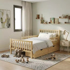Merax Classic Solid Wood Platform Bed with Dual Guardrails & Two Underbed Storage Drawers