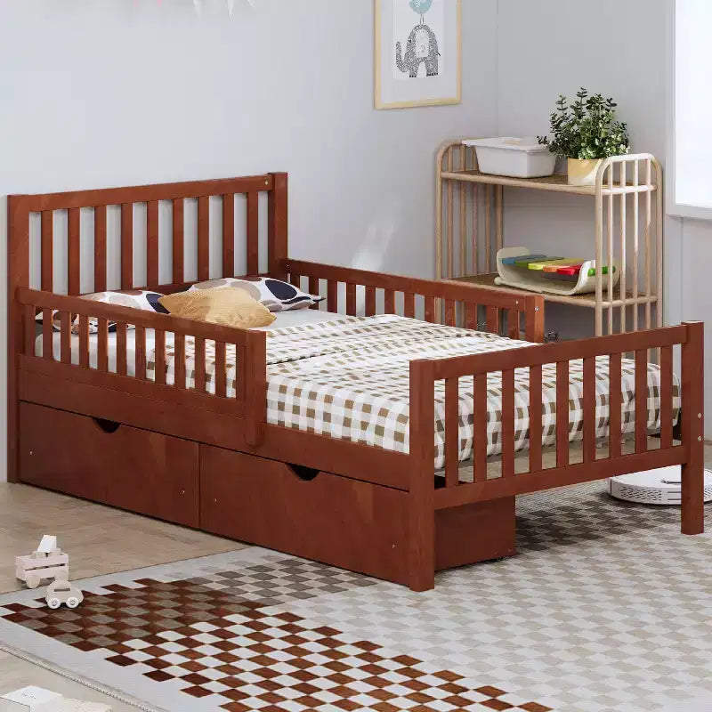 Merax Classic Solid Wood Platform Bed with Dual Guardrails & Two Underbed Storage Drawers