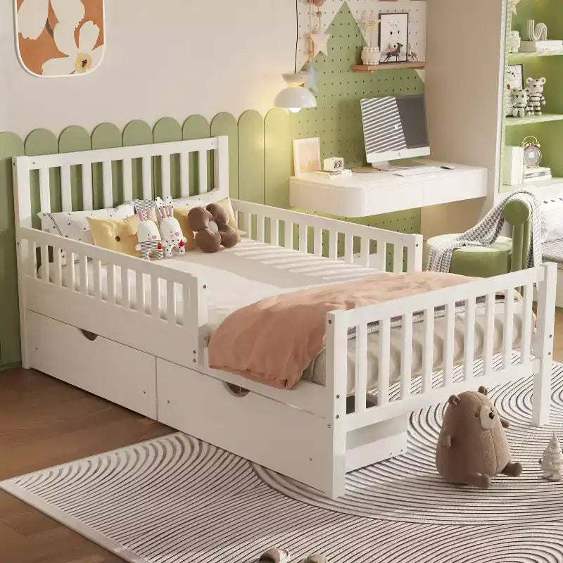 Merax Classic Solid Wood Platform Bed with Dual Guardrails & Two Underbed Storage Drawers