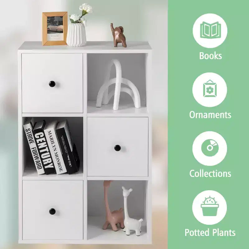 Costway 6-Cube Bookcase Storage Organizer with 3 Open Cubes 3 Drawers for Home Office White/Brown