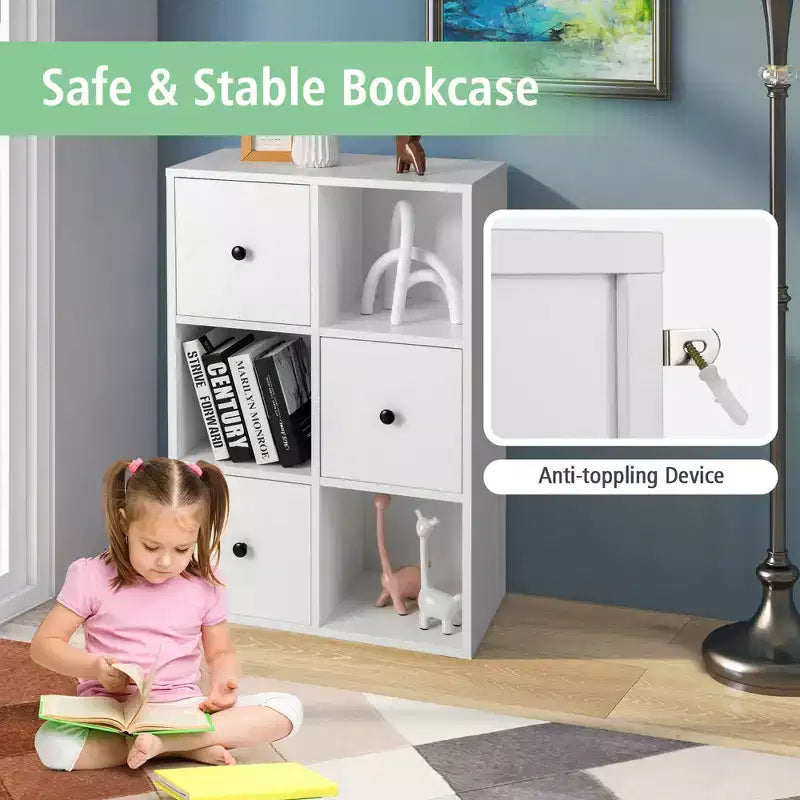 Costway 6-Cube Bookcase Storage Organizer with 3 Open Cubes 3 Drawers for Home Office White/Brown