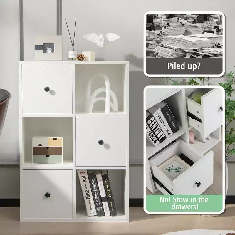 Costway 6-Cube Bookcase Storage Organizer with 3 Open Cubes 3 Drawers for Home Office White/Brown