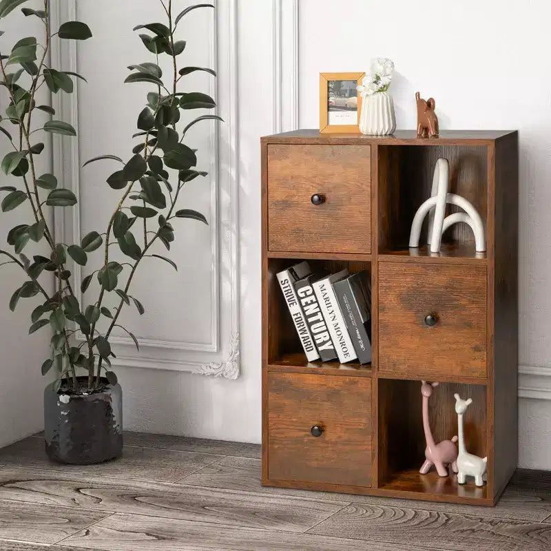 Costway 6-Cube Bookcase Storage Organizer with 3 Open Cubes 3 Drawers for Home Office White/Brown