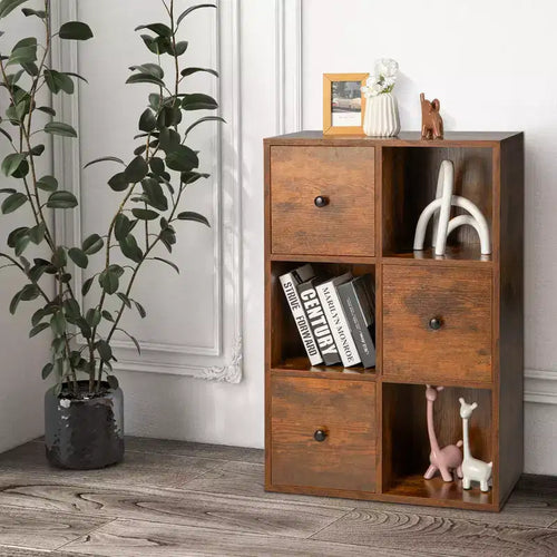 Costway 6-Cube Bookcase Storage Organizer with 3 Open Cubes 3 Drawers for Home Office White/Brown