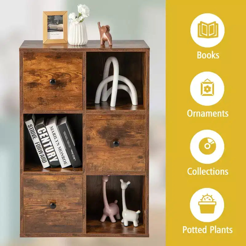 Costway 6-Cube Bookcase Storage Organizer with 3 Open Cubes 3 Drawers for Home Office White/Brown