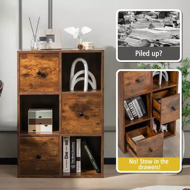 Costway 6-Cube Bookcase Storage Organizer with 3 Open Cubes 3 Drawers for Home Office White/Brown