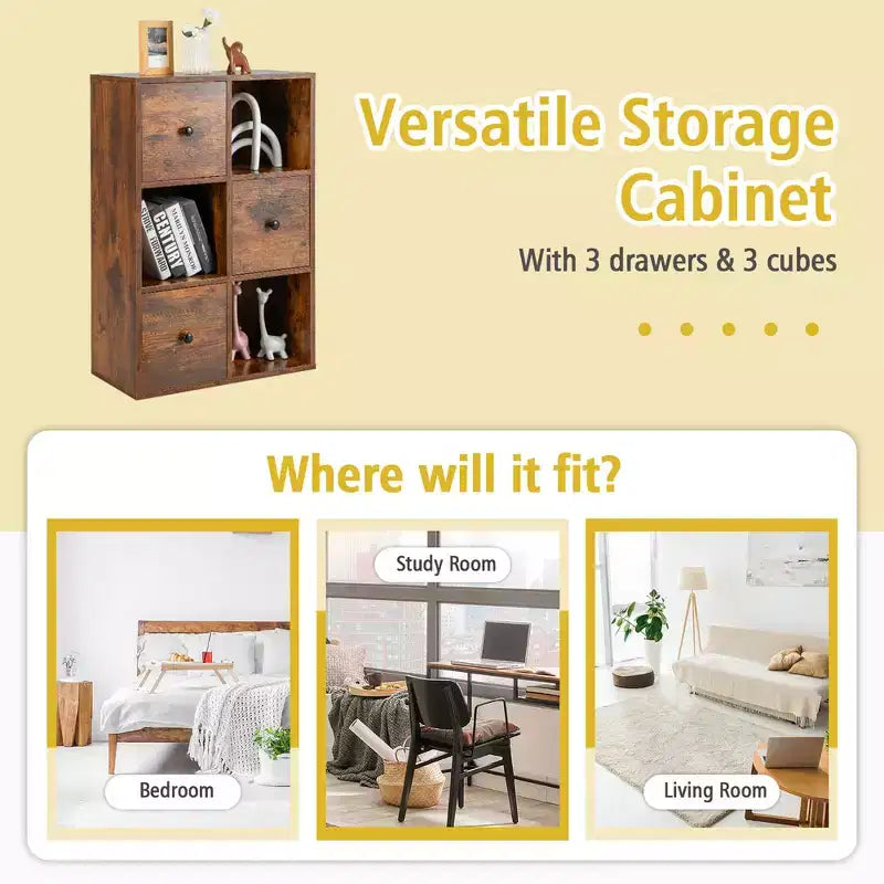Costway 6-Cube Bookcase Storage Organizer with 3 Open Cubes 3 Drawers for Home Office White/Brown