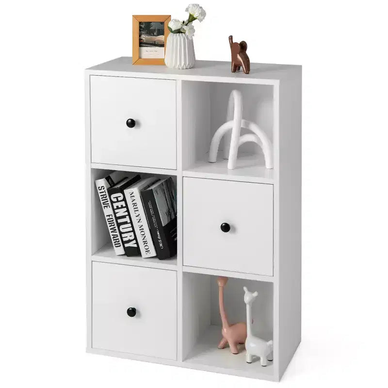 Costway 6-Cube Bookcase Storage Organizer with 3 Open Cubes 3 Drawers for Home Office White/Brown