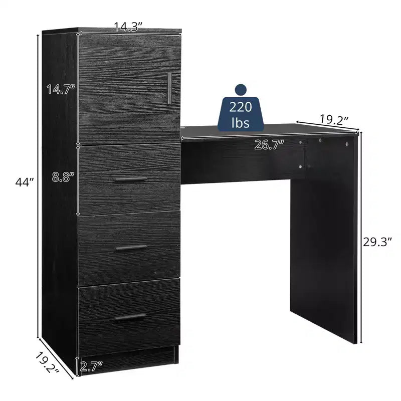 Karl Home 44 Black Office Desk with Cabinet & 3 Drawers Computer Desk Power Outlet and USB Ports